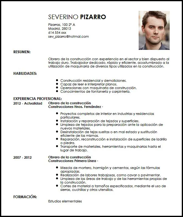 hoja de vida de un obrero de construccion - Cómo se dice trabajador de la construcción en un currículum
